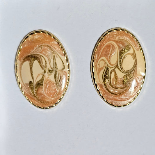 Orange Gold Cream Swirl Enamel Vintage Big Oval Metal Earrings