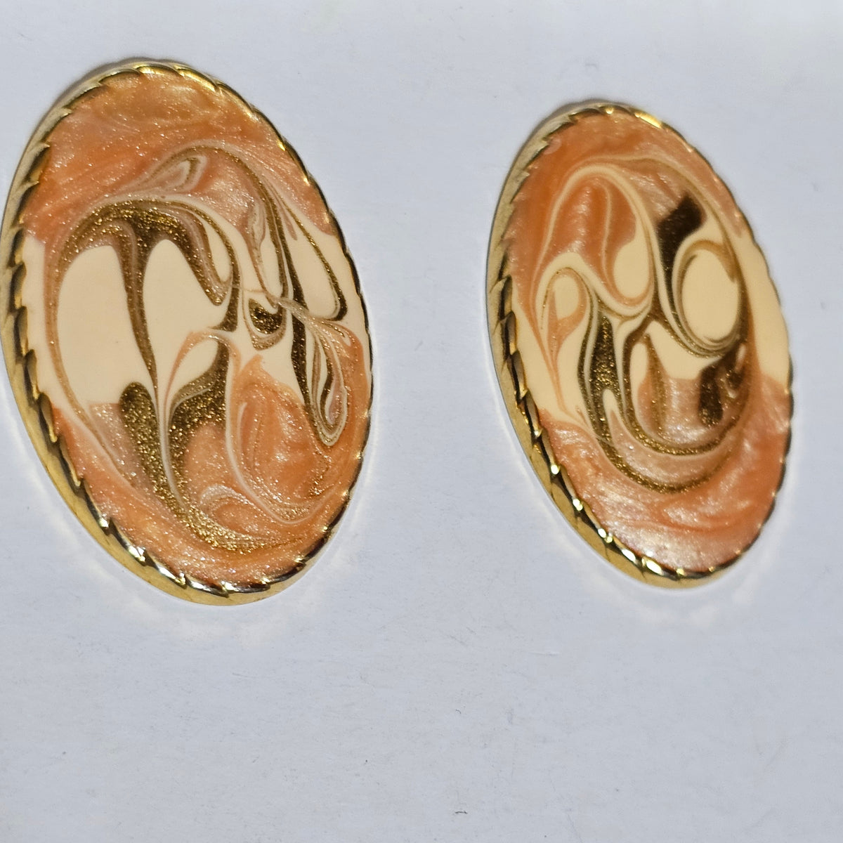 Orange Gold Cream Swirl Enamel Vintage Big Oval Metal Earrings