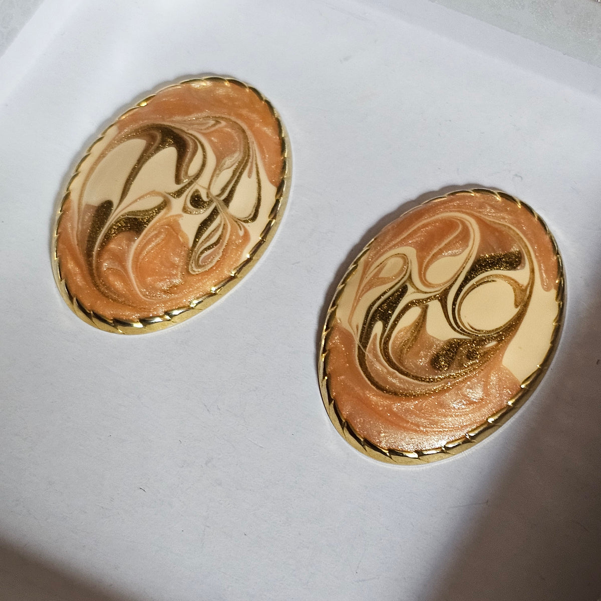 Orange Gold Cream Swirl Enamel Vintage Big Oval Metal Earrings