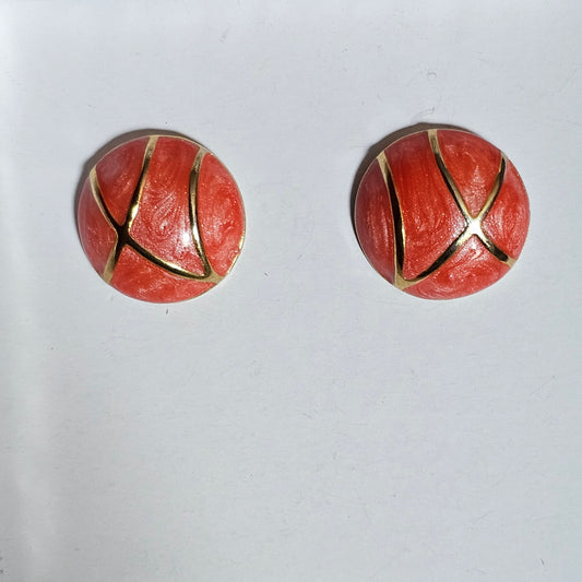 Domed Coral Enamel Striped Gold-tone Pierced Vintage Earrings