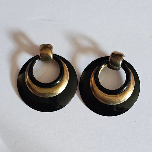 Huge Black Gold Round Cut-out Statement Earrings Pierced Vintage 1990s