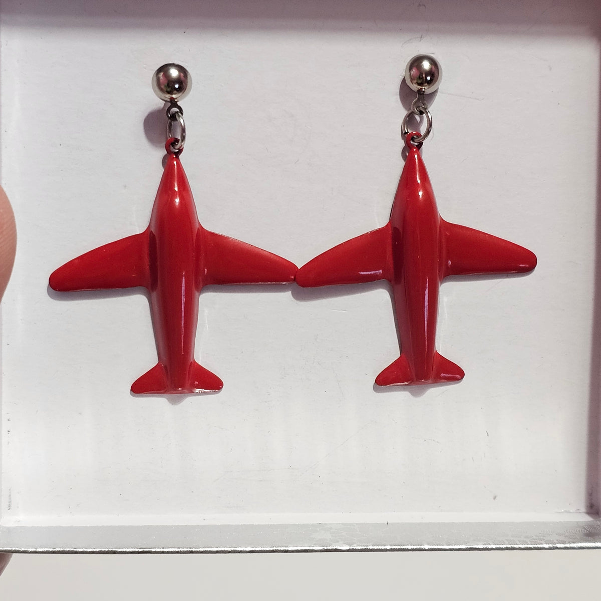 Red Enamel Airplane Earrings Unique Eccentric Vintage Pierced