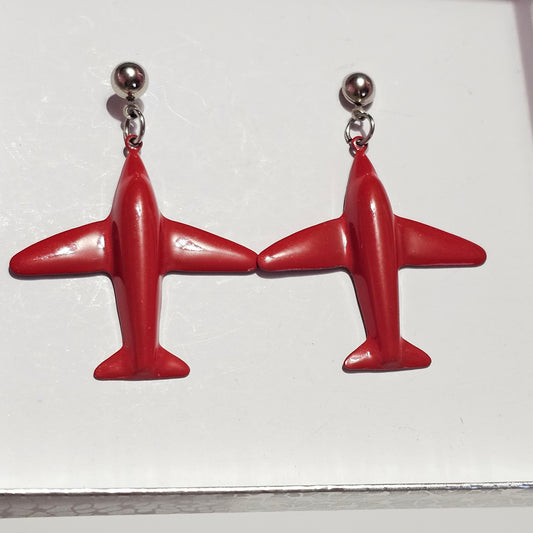 Red Enamel Airplane Earrings Unique Eccentric Vintage Pierced