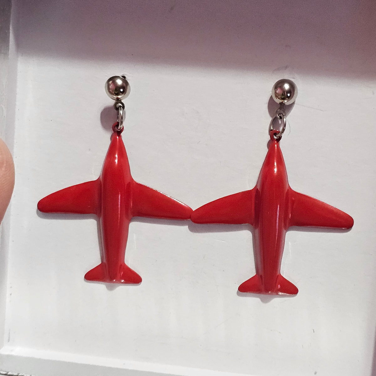 Red Enamel Airplane Earrings Unique Eccentric Vintage Pierced