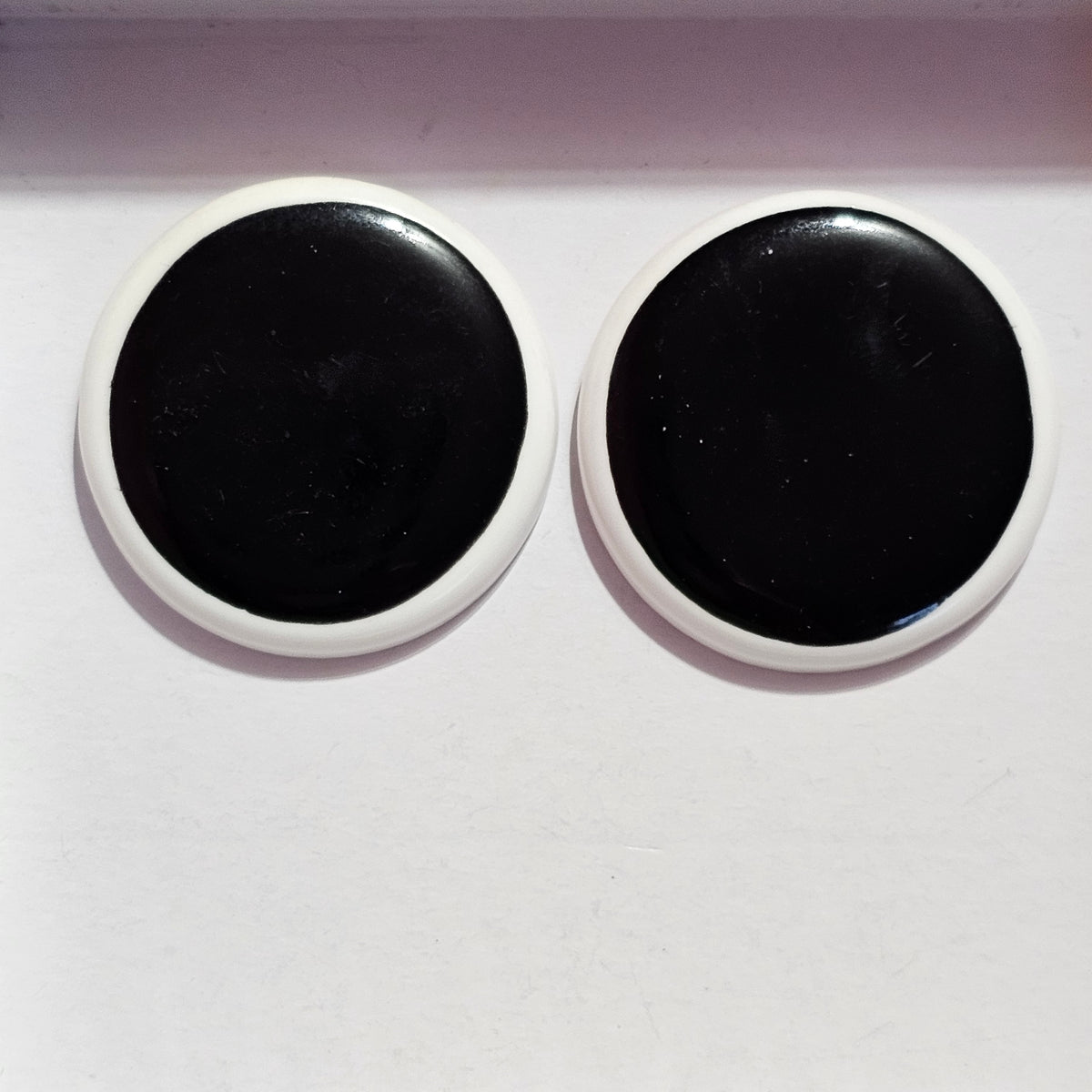White Black Big Round Button Style Earrings 1980s Unique Statement Pierced Vintage