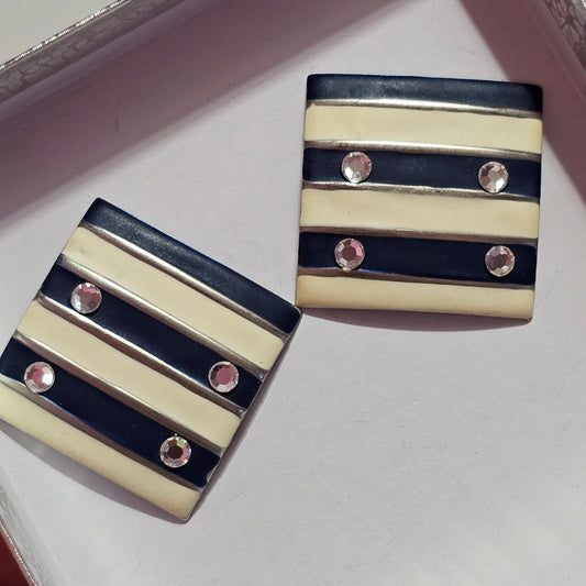 Striped White Cream Navy Blue Dice Like Metal 80s Pierced Earrings Vintage