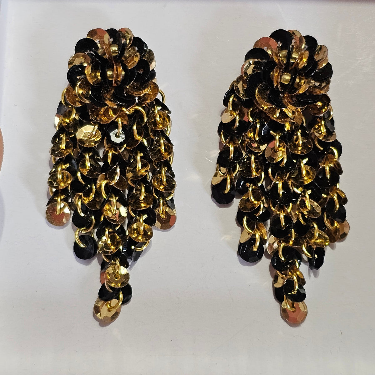 Black Gold Sequins Dangle Waterfall Vintage Earrings Pierced Unique Statement Glamour