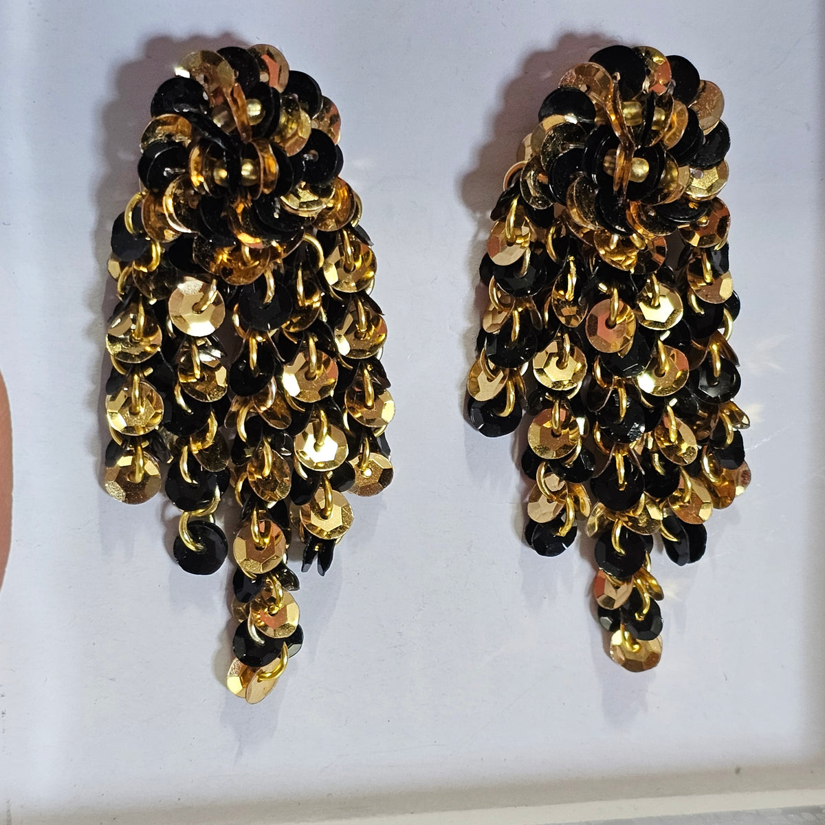 Black Gold Sequins Dangle Waterfall Vintage Earrings Pierced Unique Statement Glamour