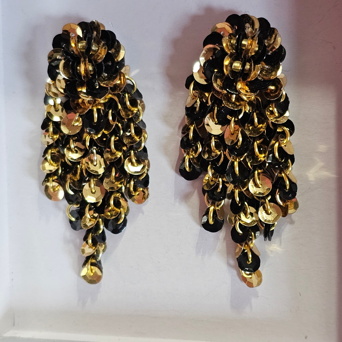 Black Gold Sequins Dangle Waterfall Vintage Earrings Pierced Unique Statement Glamour