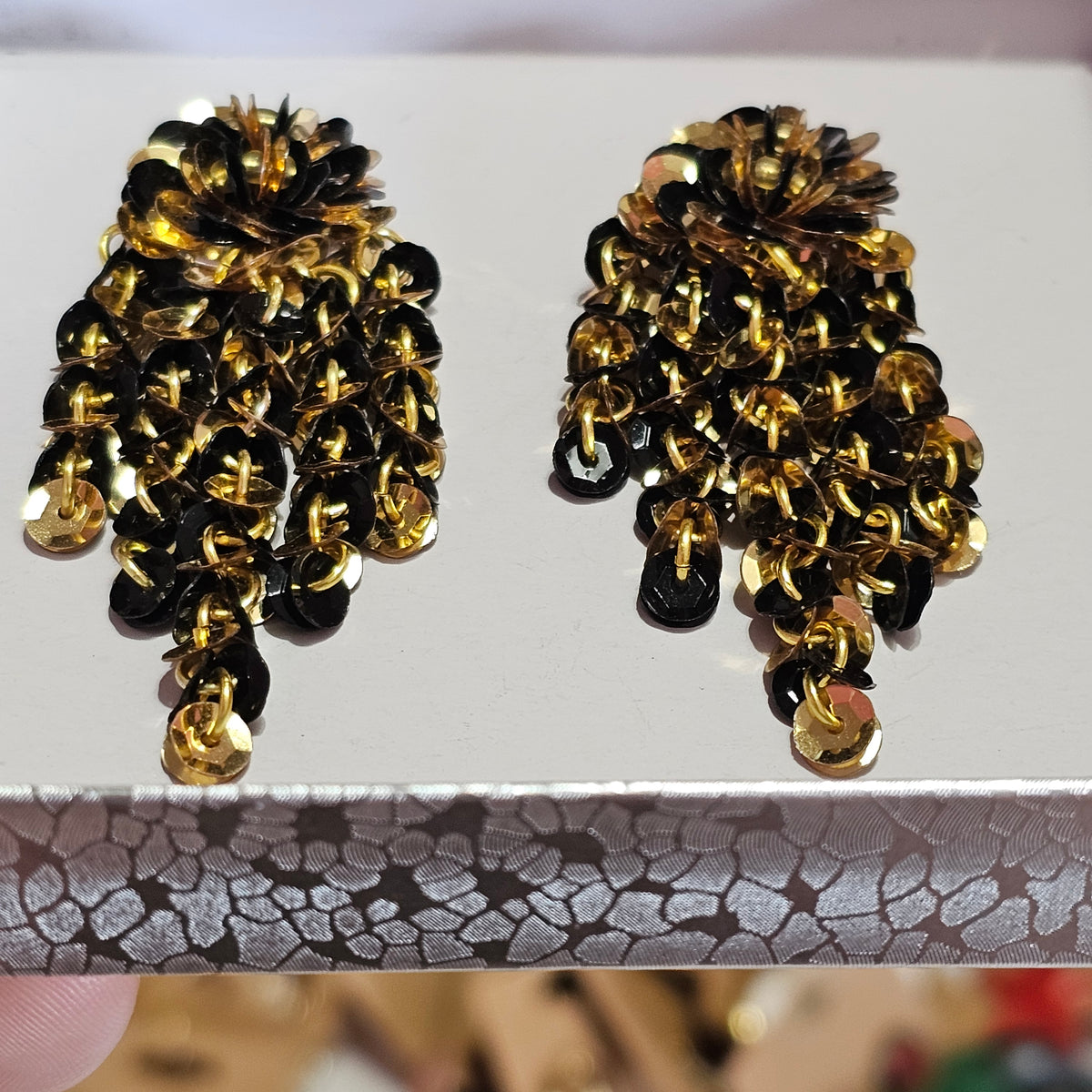 Black Gold Sequins Dangle Waterfall Vintage Earrings Pierced Unique Statement Glamour