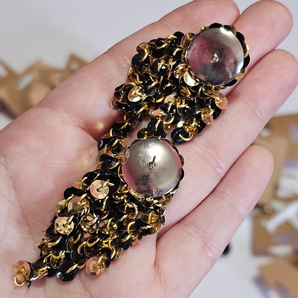 Black Gold Sequins Dangle Waterfall Vintage Earrings Pierced Unique Statement Glamour