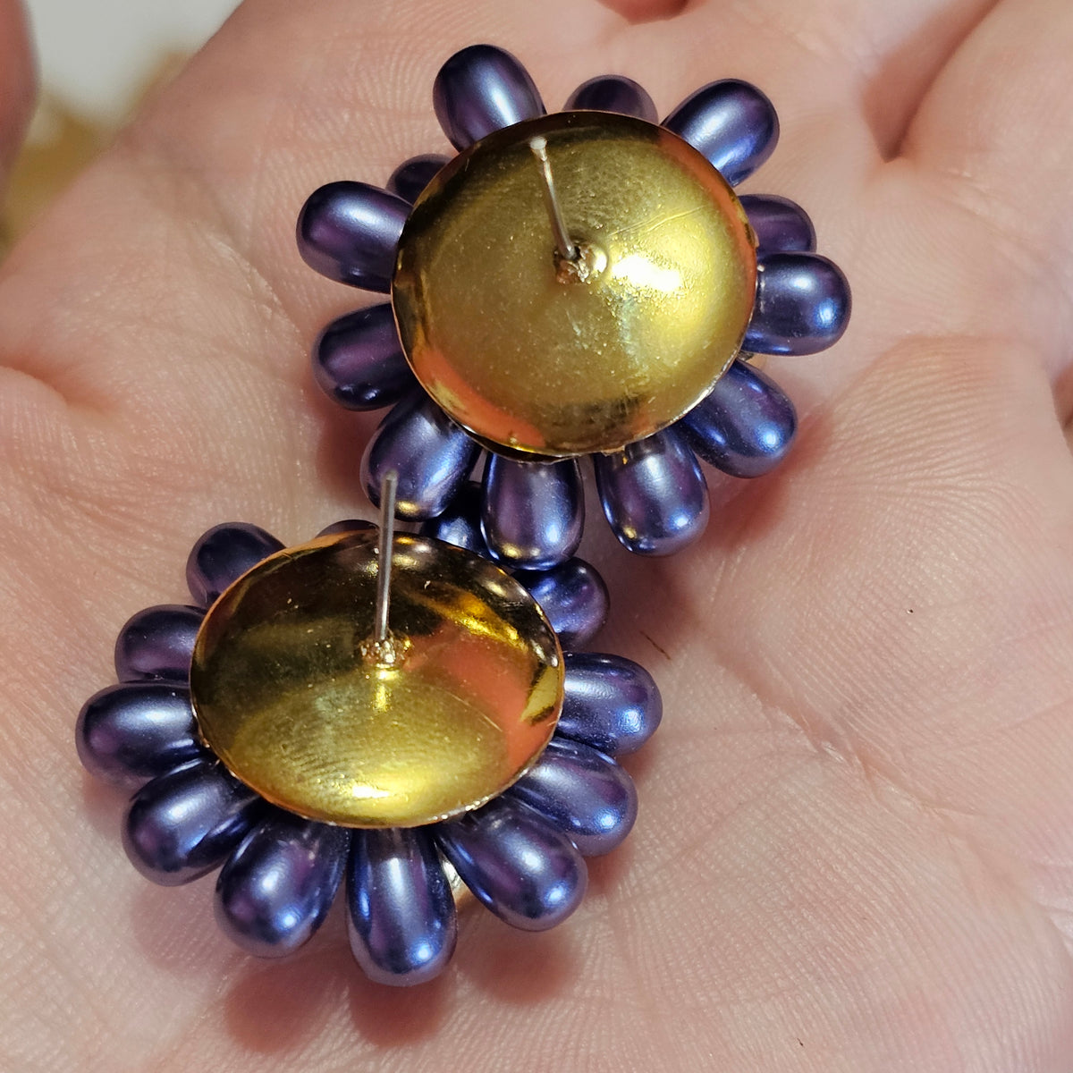 Beautiful Blue Gold Floral Beaded Cluster Pierced Earrings Vintage