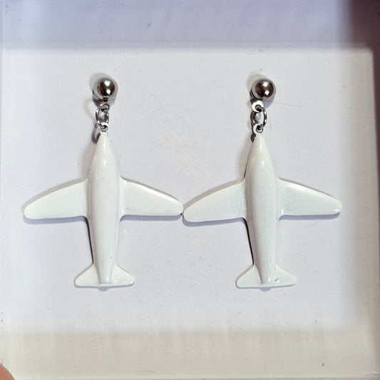 White Metal Airplane Pierced Earrings Vintage 90s