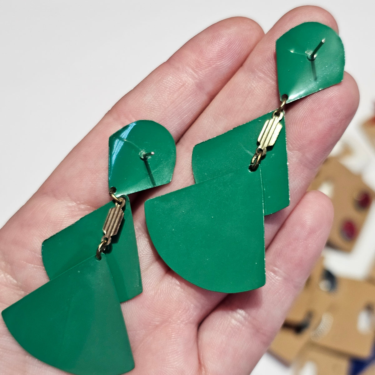 Vintage Dangle Green Enamel Articulated Tree Pierced Earrings 80s