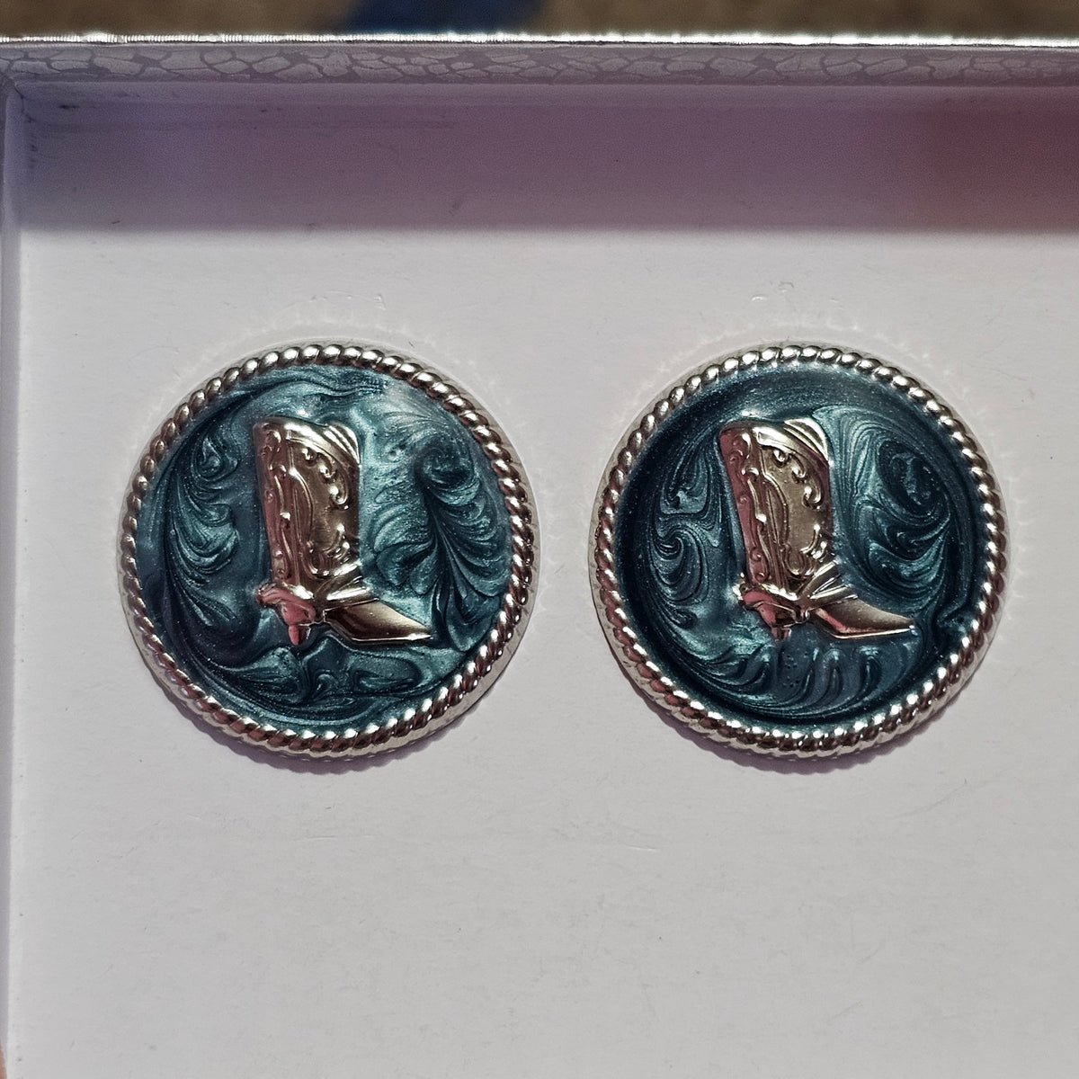 Silver-tone Western Cowboy Blue Enamel Round Button Pierced Earrings Vintage