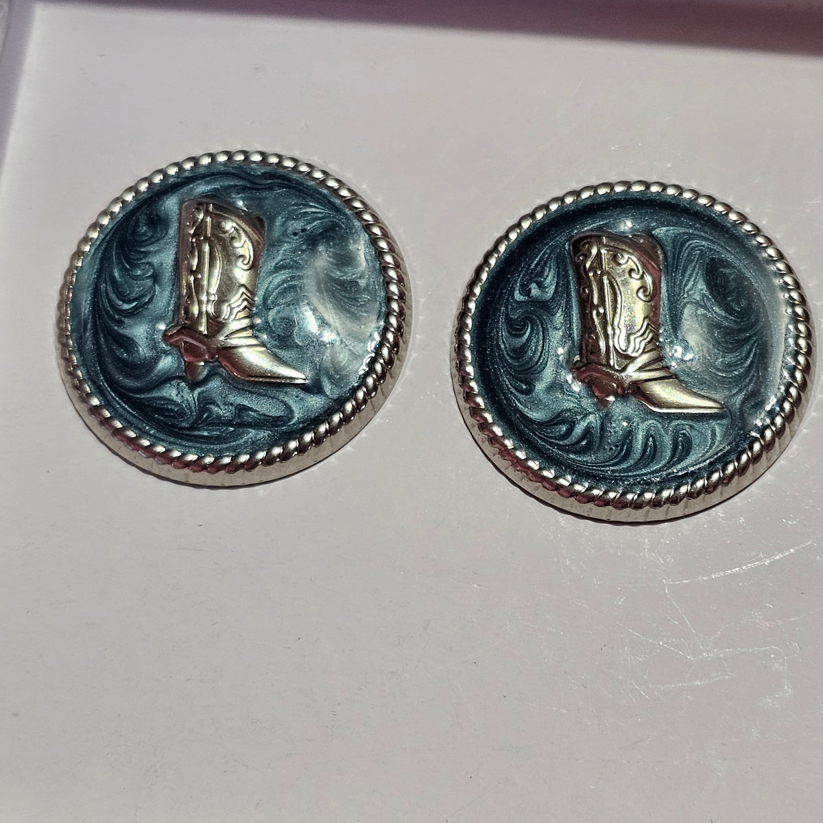 Silver-tone Western Cowboy Blue Enamel Round Button Pierced Earrings Vintage