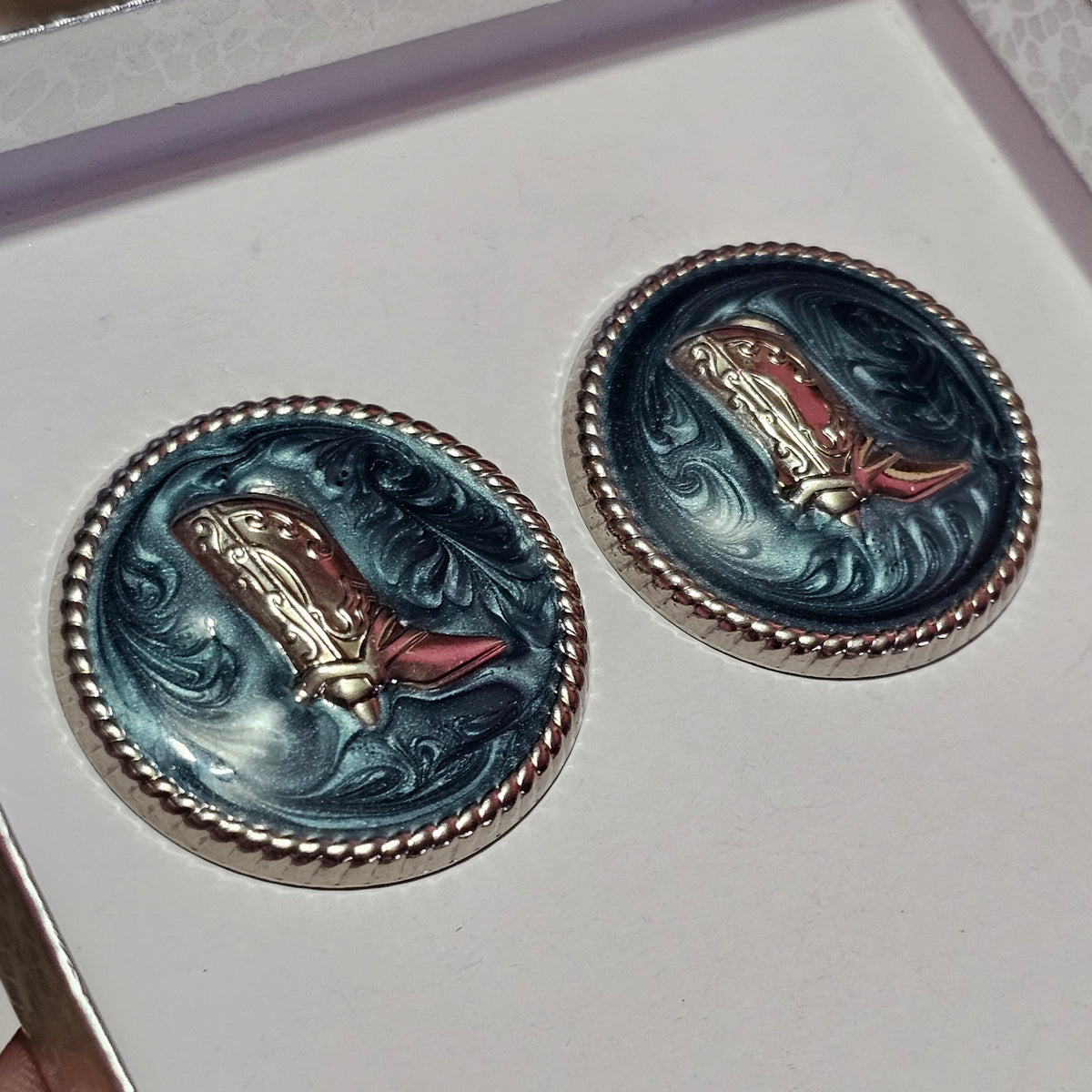 Silver-tone Western Cowboy Blue Enamel Round Button Pierced Earrings Vintage