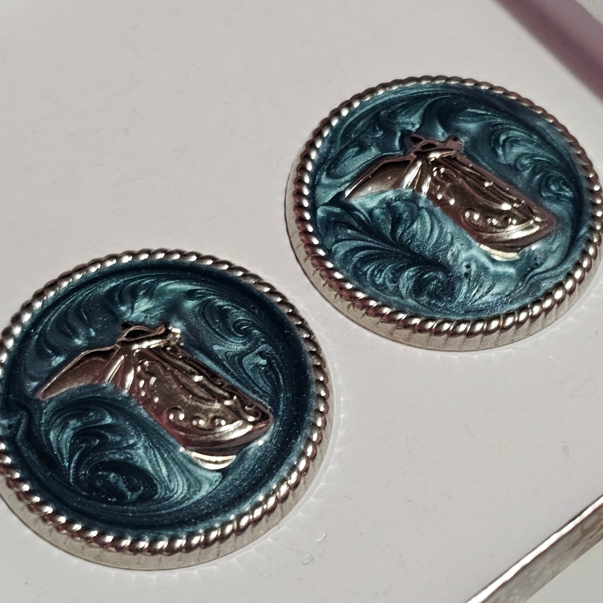 Silver-tone Western Cowboy Blue Enamel Round Button Pierced Earrings Vintage