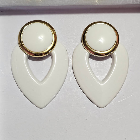 Vintage 80s White Acrylic Drop Pierced Earrings Gold-tone Accent