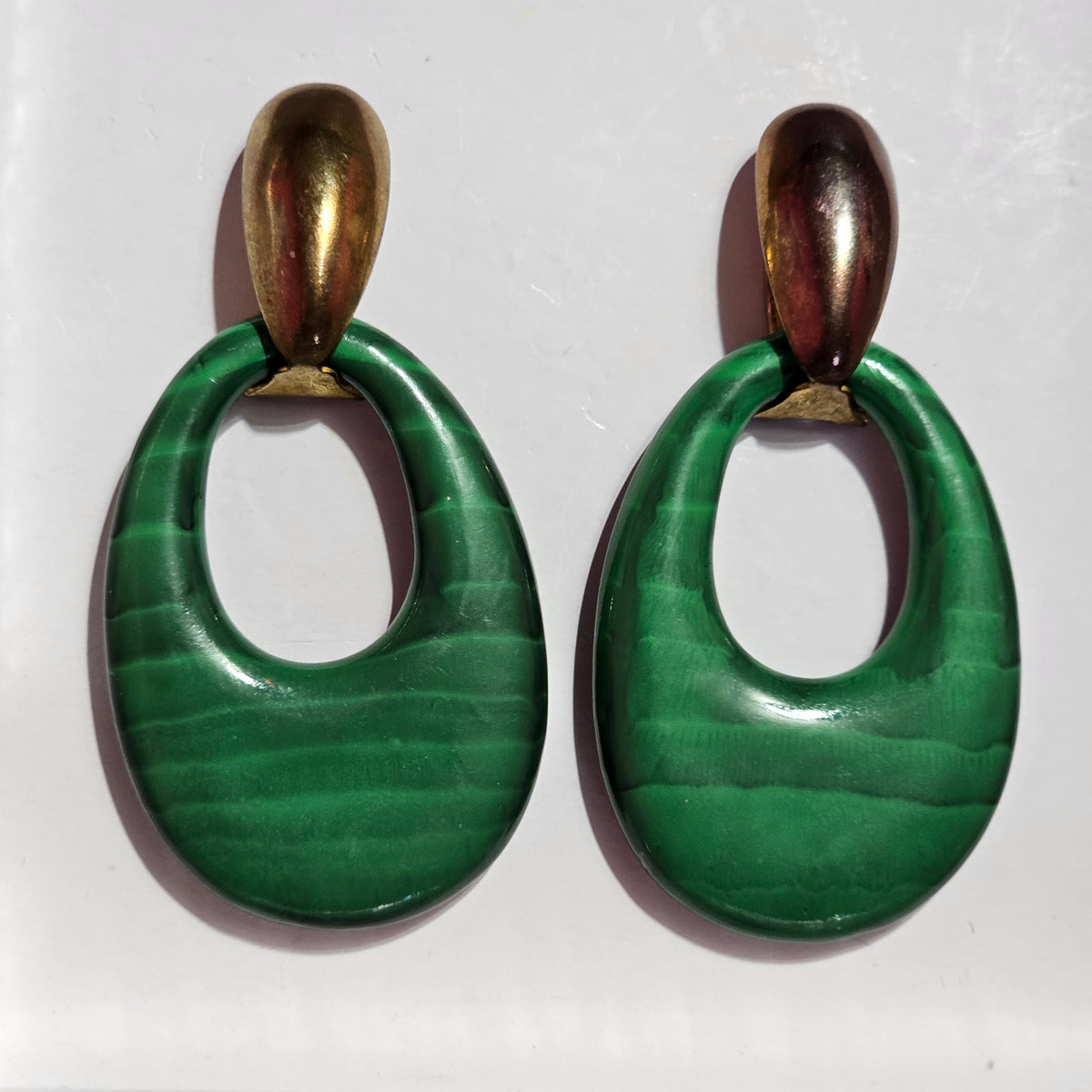Vintage Green Faux Malachite Acrylic Big Oval Dangle Pierced Earrings