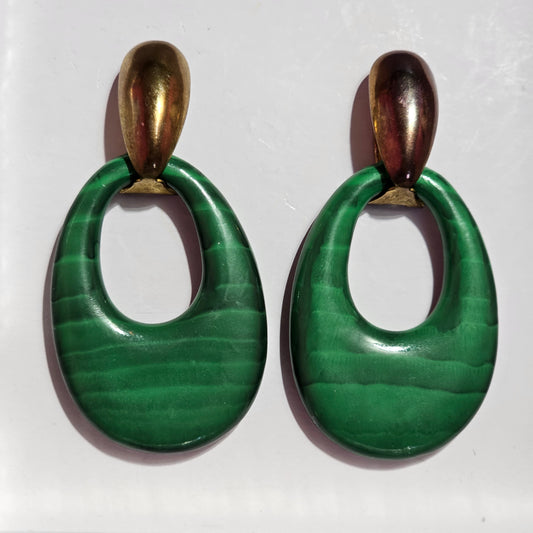 Vintage Green Faux Malachite Acrylic Big Oval Dangle Pierced Earrings