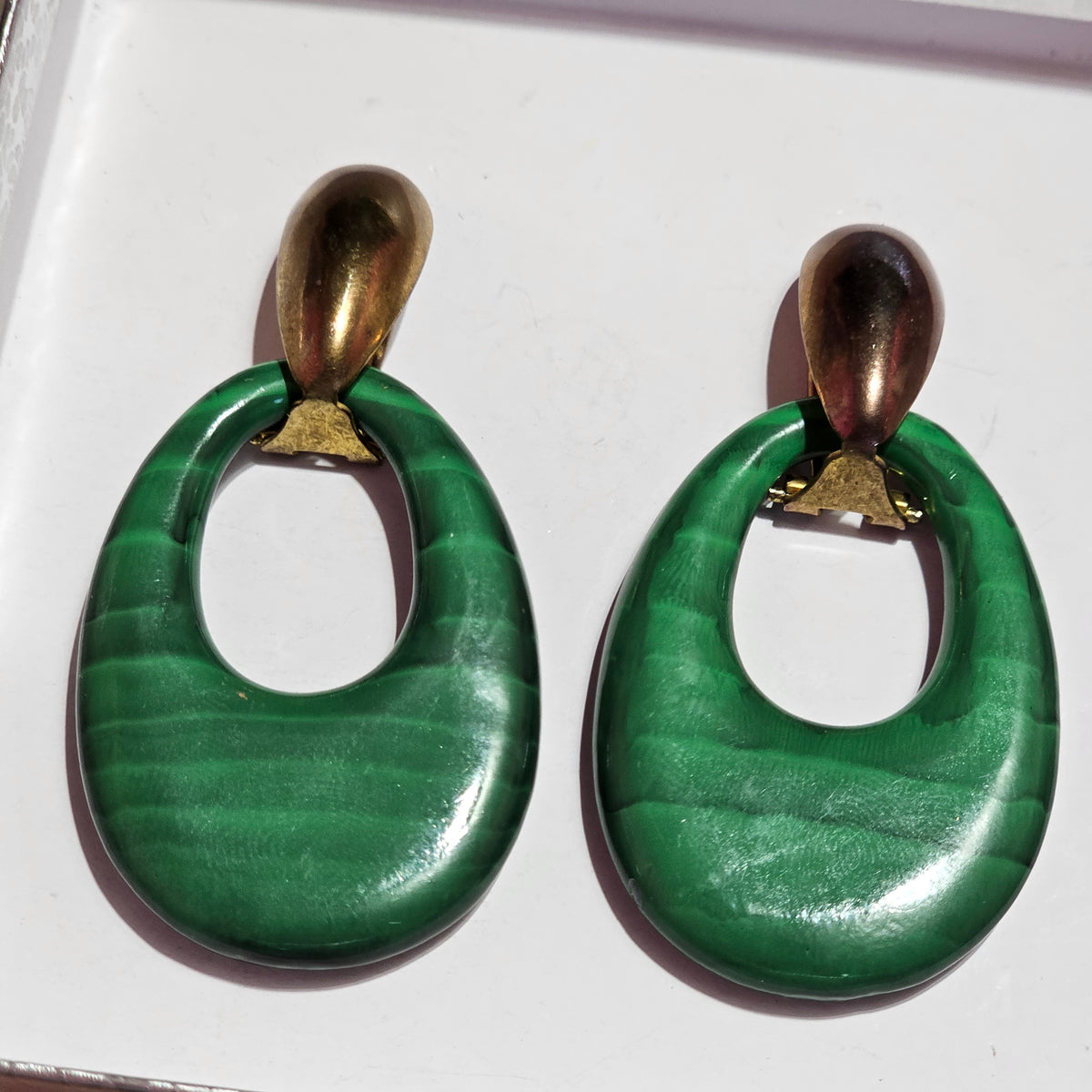 Vintage Green Faux Malachite Acrylic Big Oval Dangle Pierced Earrings
