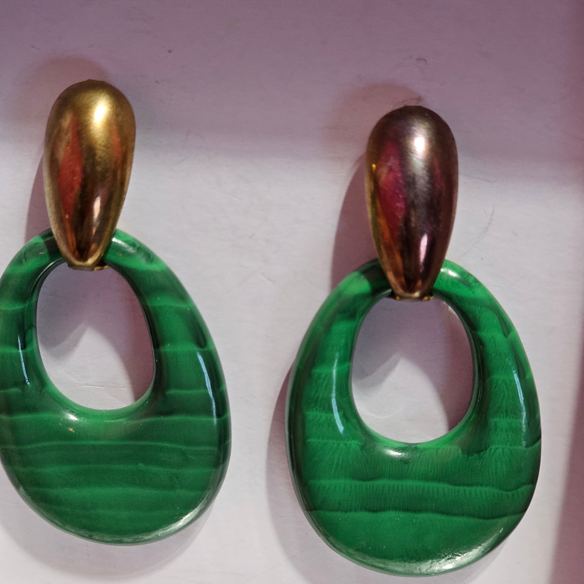 Vintage Green Faux Malachite Acrylic Big Oval Dangle Pierced Earrings