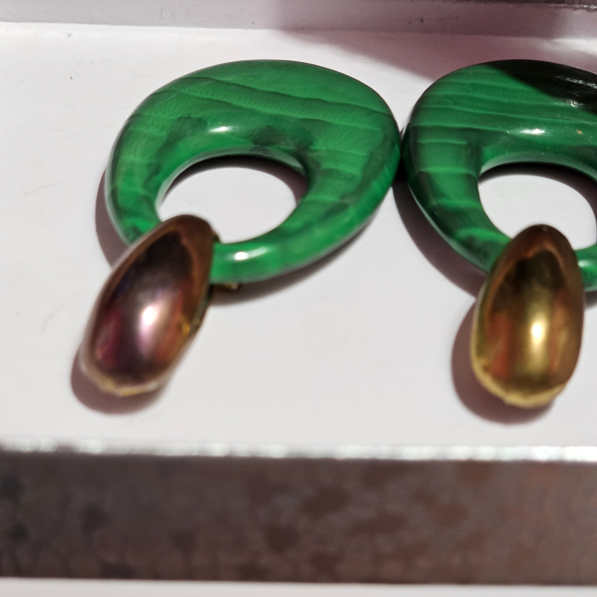 Vintage Green Faux Malachite Acrylic Big Oval Dangle Pierced Earrings