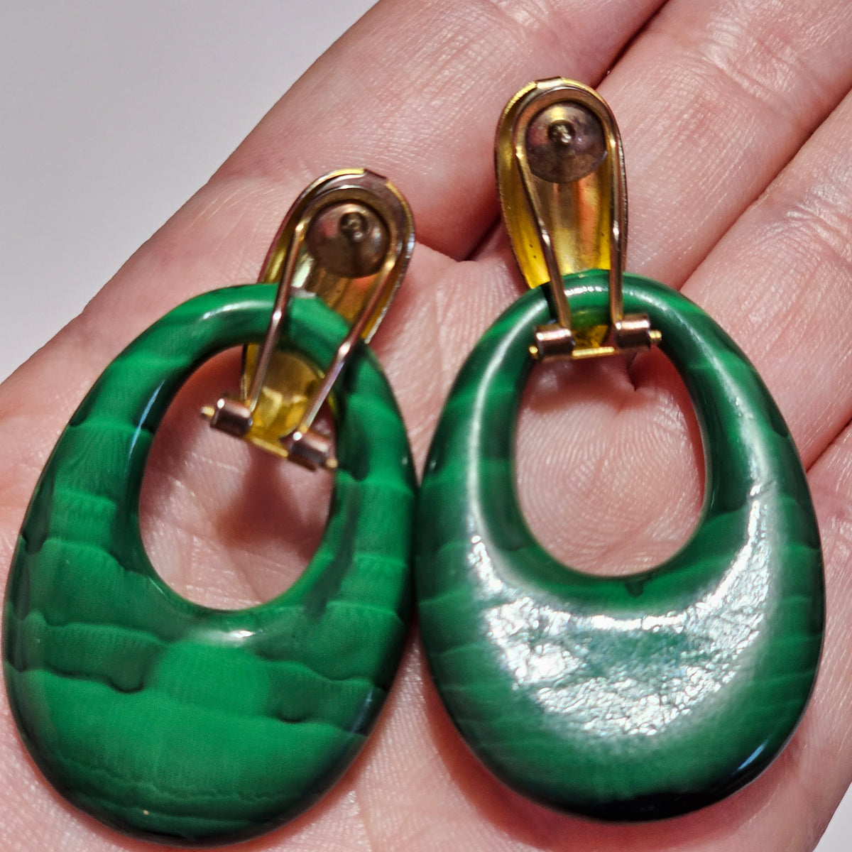 Vintage Green Faux Malachite Acrylic Big Oval Dangle Pierced Earrings