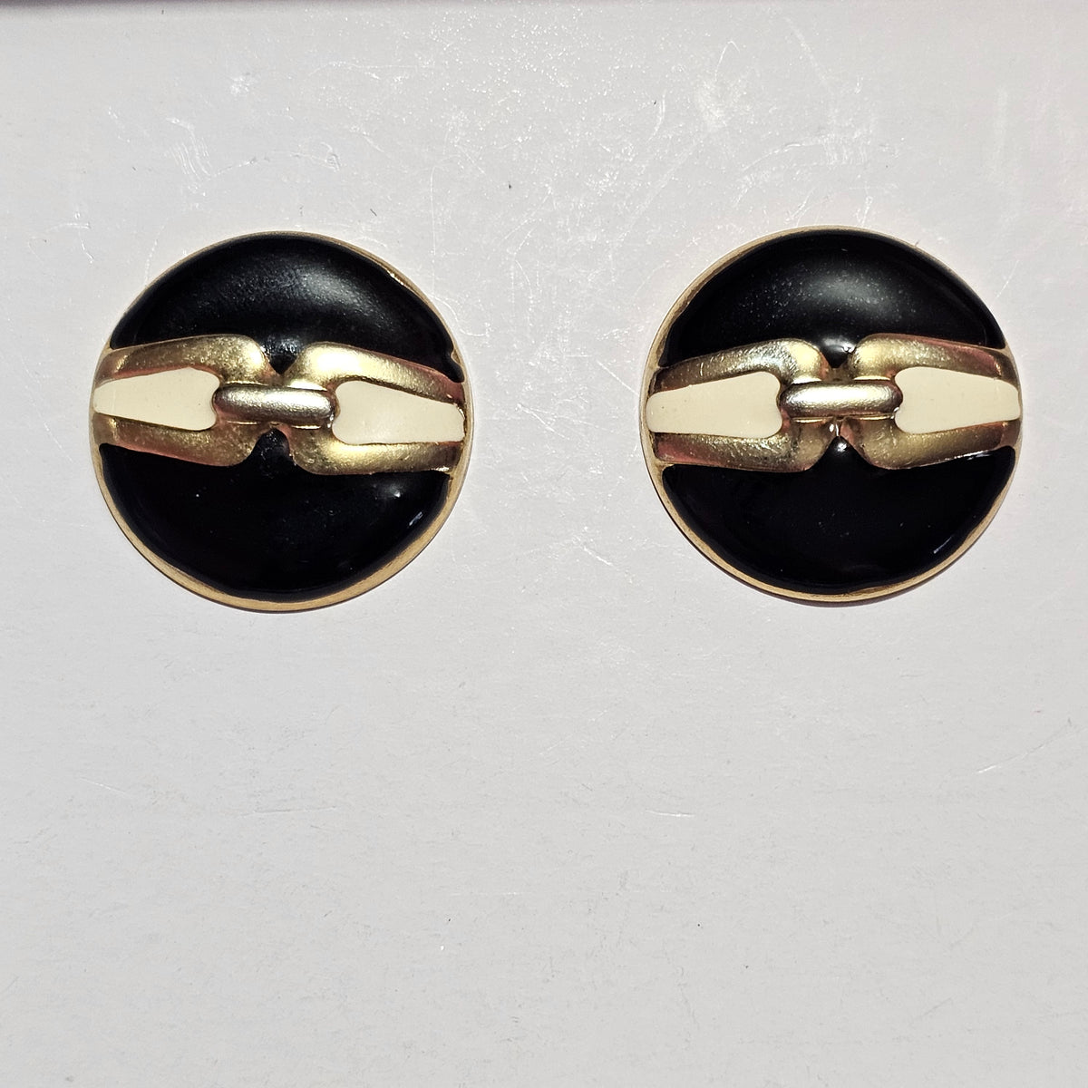 Round Button Buckle Black Gold-tone Round Pierced Earrings 90s