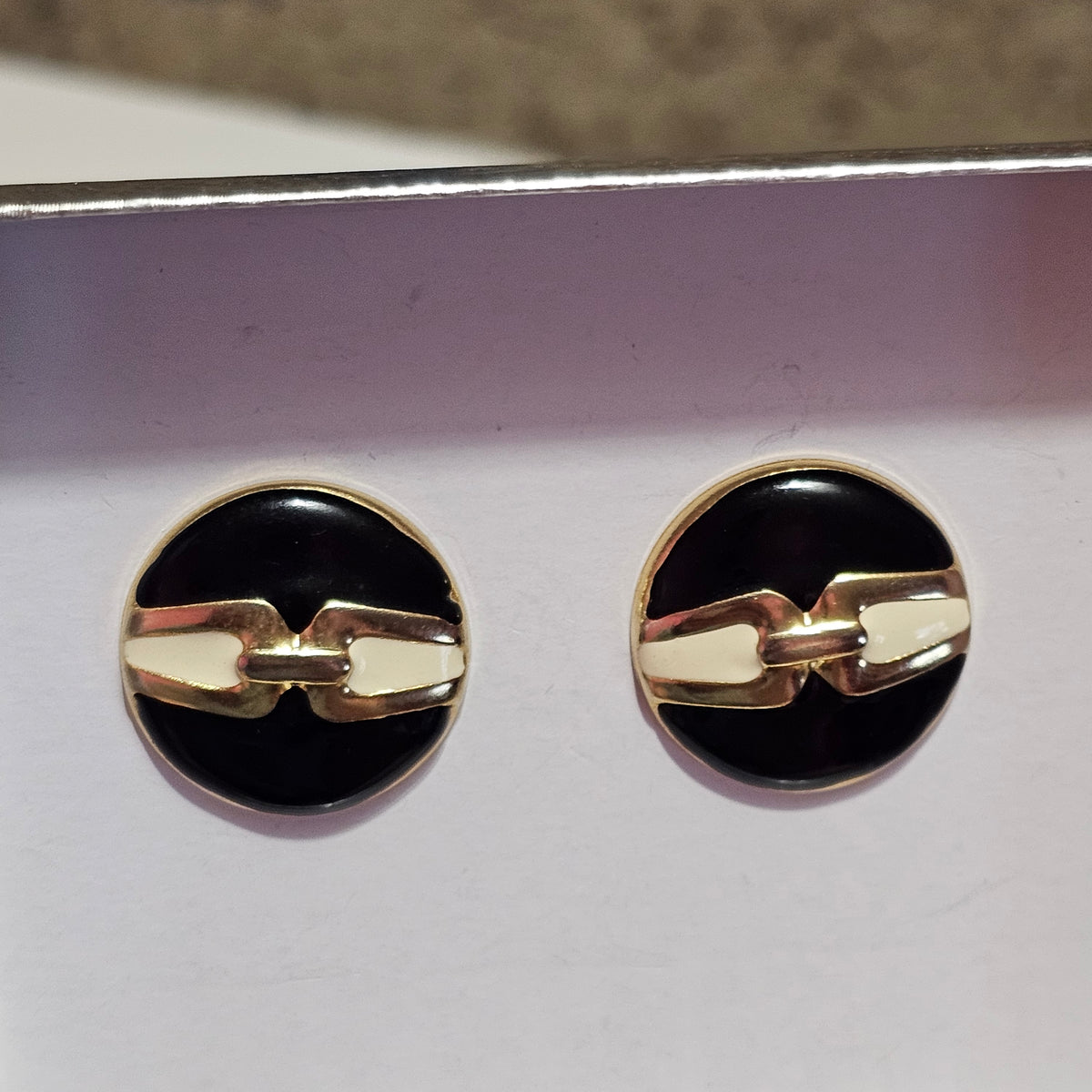 Round Button Buckle Black Gold-tone Round Pierced Earrings 90s