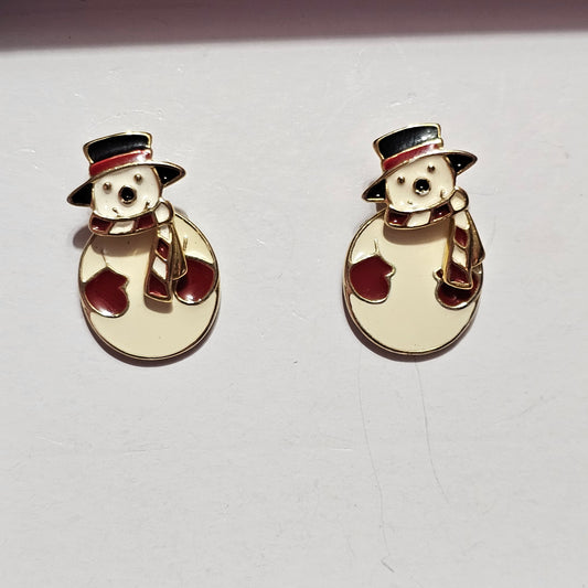 Split Snowman Christmas Holiday Earrings Vintage Pierced Cute Gold-tone