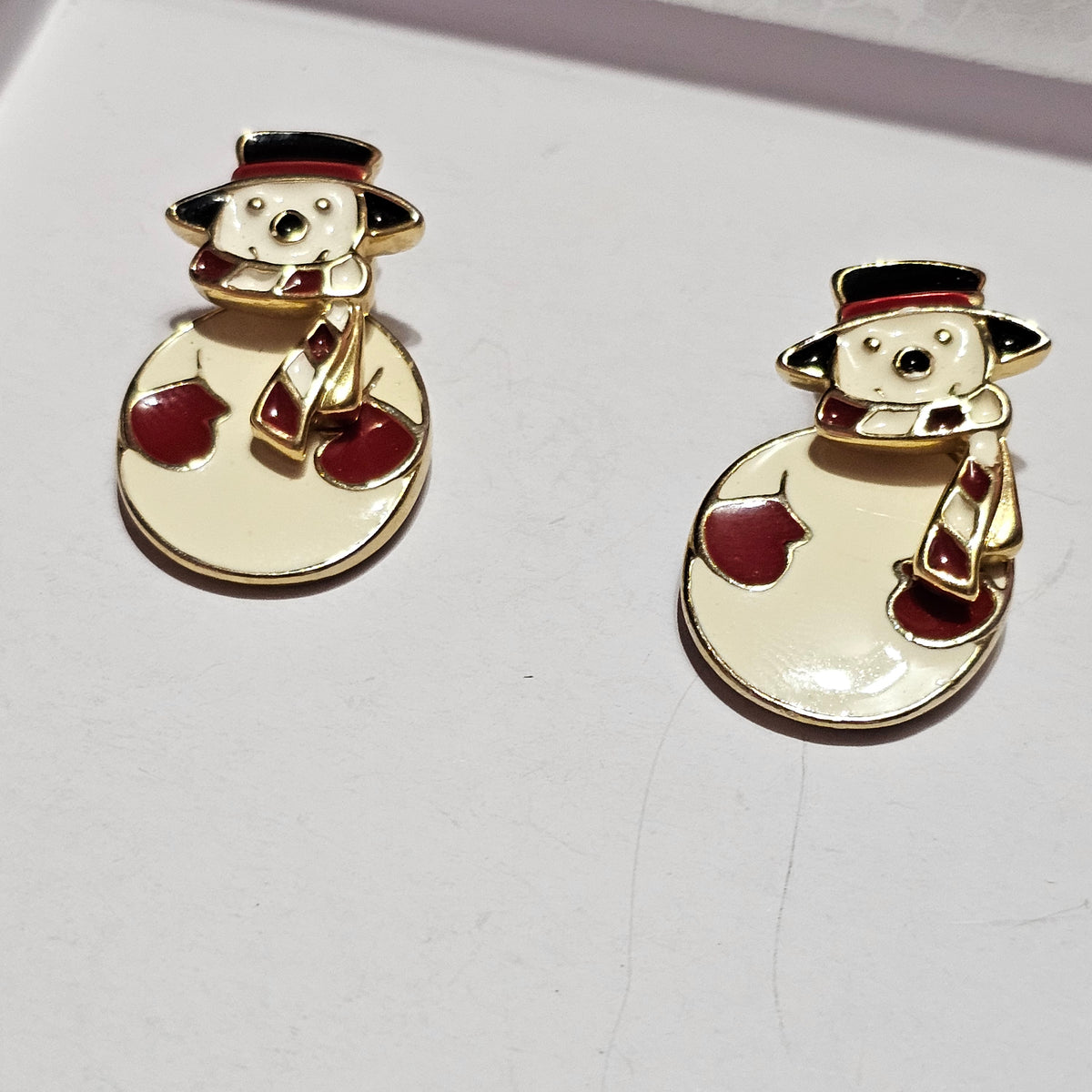 Split Snowman Christmas Holiday Earrings Vintage Pierced Cute Gold-tone