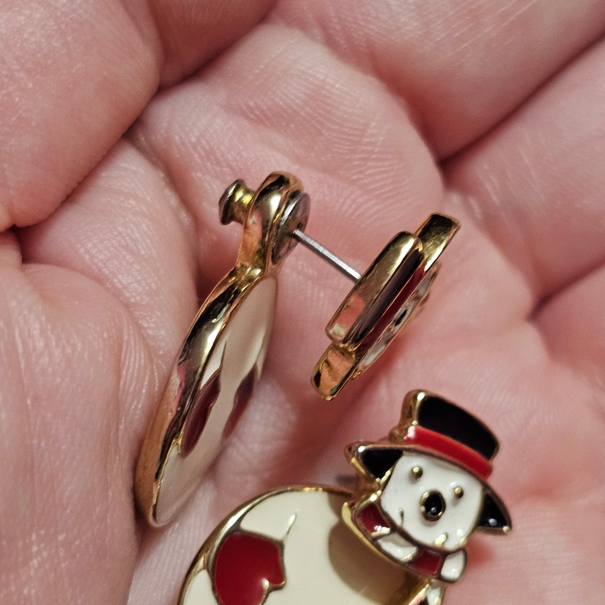 Split Snowman Christmas Holiday Earrings Vintage Pierced Cute Gold-tone