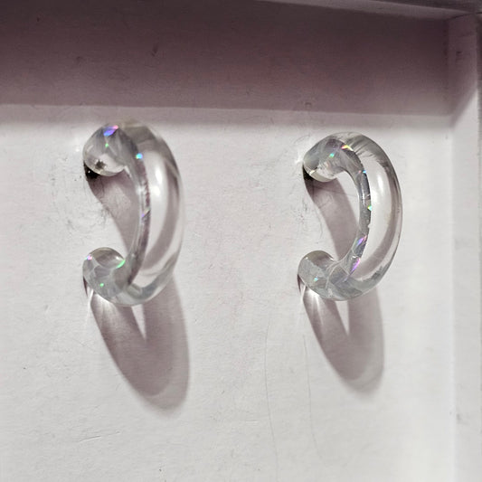 Clear Plastic Lucite Confetti Small Hoop 90s Vintage Pierced Earrings