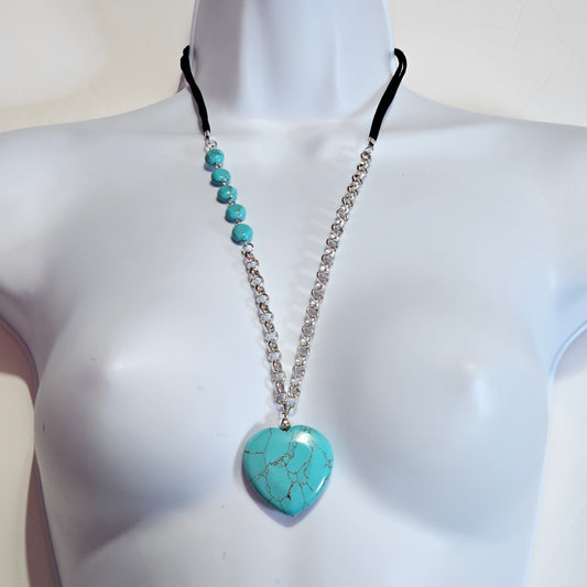 Blue Faux Turquoise 90s Chain Cord Long Necklace Vintage