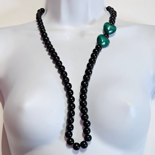 Black Round Green Teal Heart Wooden Beaded Long 90s Necklace Vintage Artsy