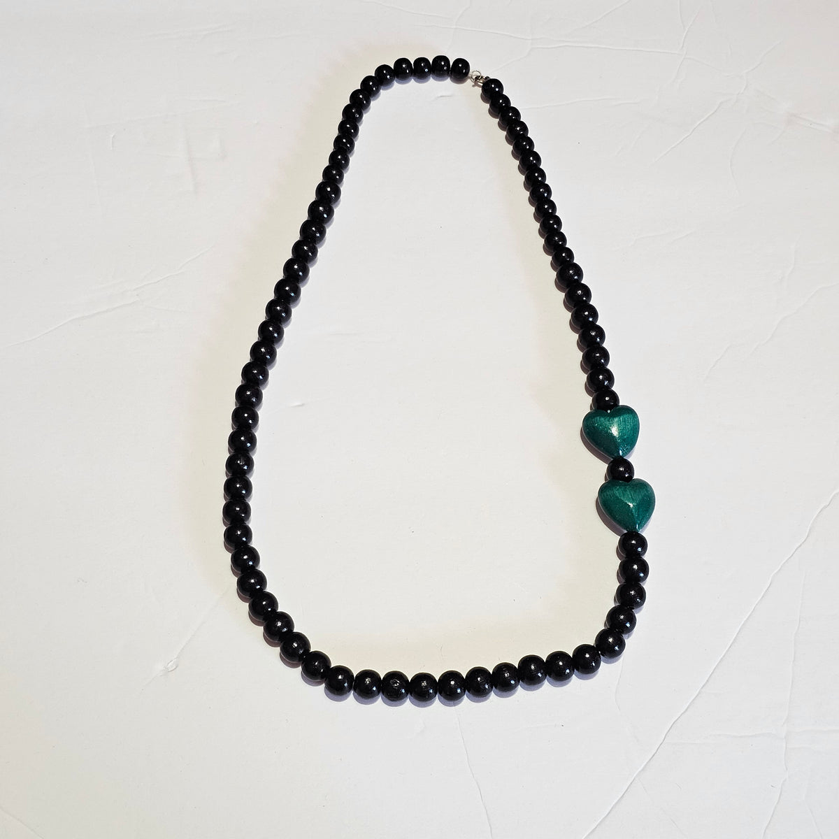Black Round Green Teal Heart Wooden Beaded Long 90s Necklace Vintage Artsy