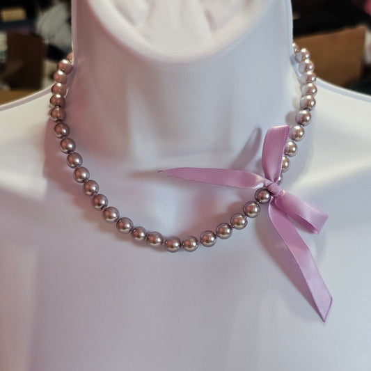 Lavender Purple Faux Pearl Glass Beads Ribbon 90s Necklace Preppy Coquette Vintage
