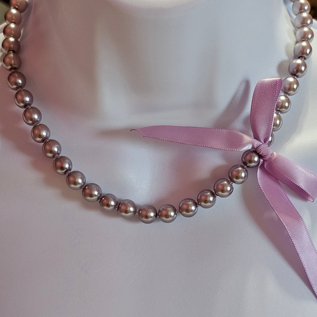 Lavender Purple Faux Pearl Glass Beads Ribbon 90s Necklace Preppy Coquette Vintage