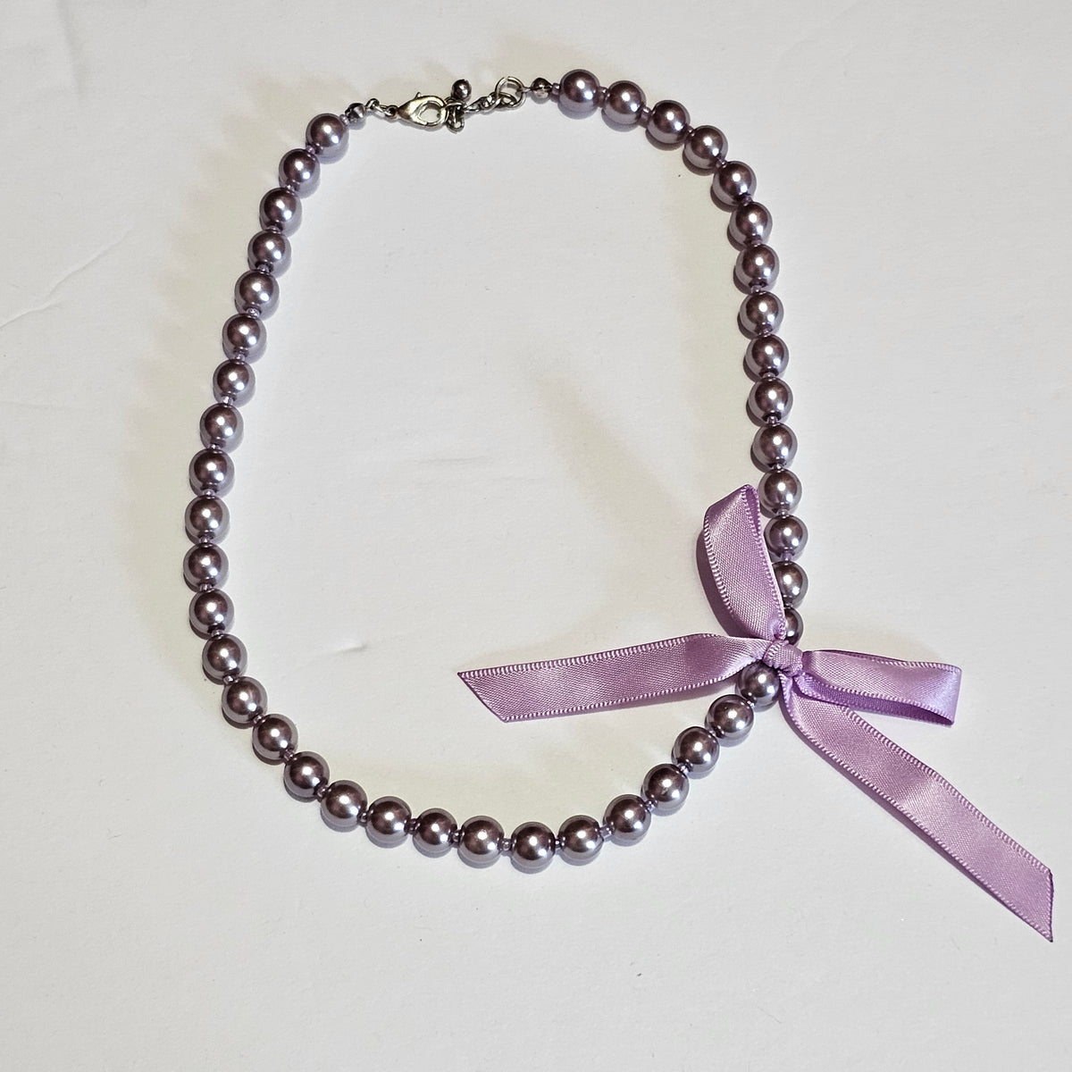 Lavender Purple Faux Pearl Glass Beads Ribbon 90s Necklace Preppy Coquette Vintage
