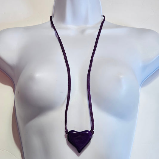 Purple Puffy Ceramic Heart Rope String Long 90s Vintage Necklace