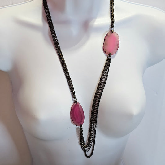 Long Multi-strand Chain Purple Pink Stone Accent NOS 90s Fashion Necklace Vintage Punk Goth
