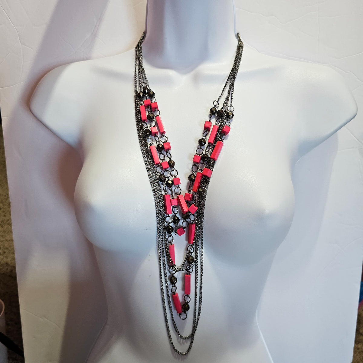 Bright Pink Black Gun Metal Punk Rock 90s Barbie Goth Multi-strand Chain Long Necklace Vintage