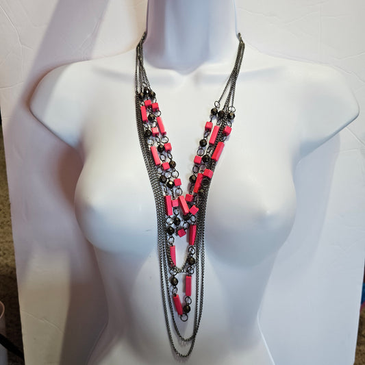 Bright Pink Black Gun Metal Punk Rock 90s Barbie Goth Multi-strand Chain Long Necklace Vintage