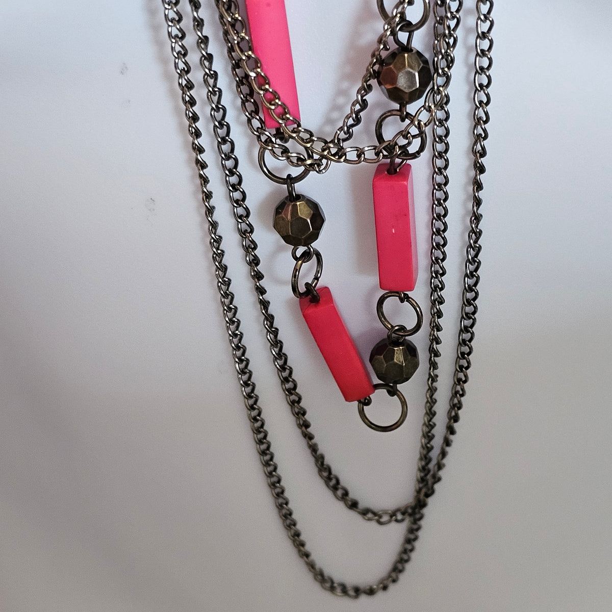 Bright Pink Black Gun Metal Punk Rock 90s Barbie Goth Multi-strand Chain Long Necklace Vintage