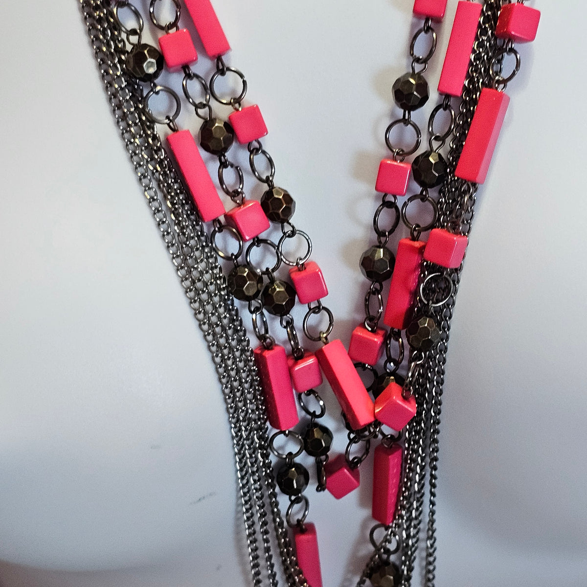 Bright Pink Black Gun Metal Punk Rock 90s Barbie Goth Multi-strand Chain Long Necklace Vintage