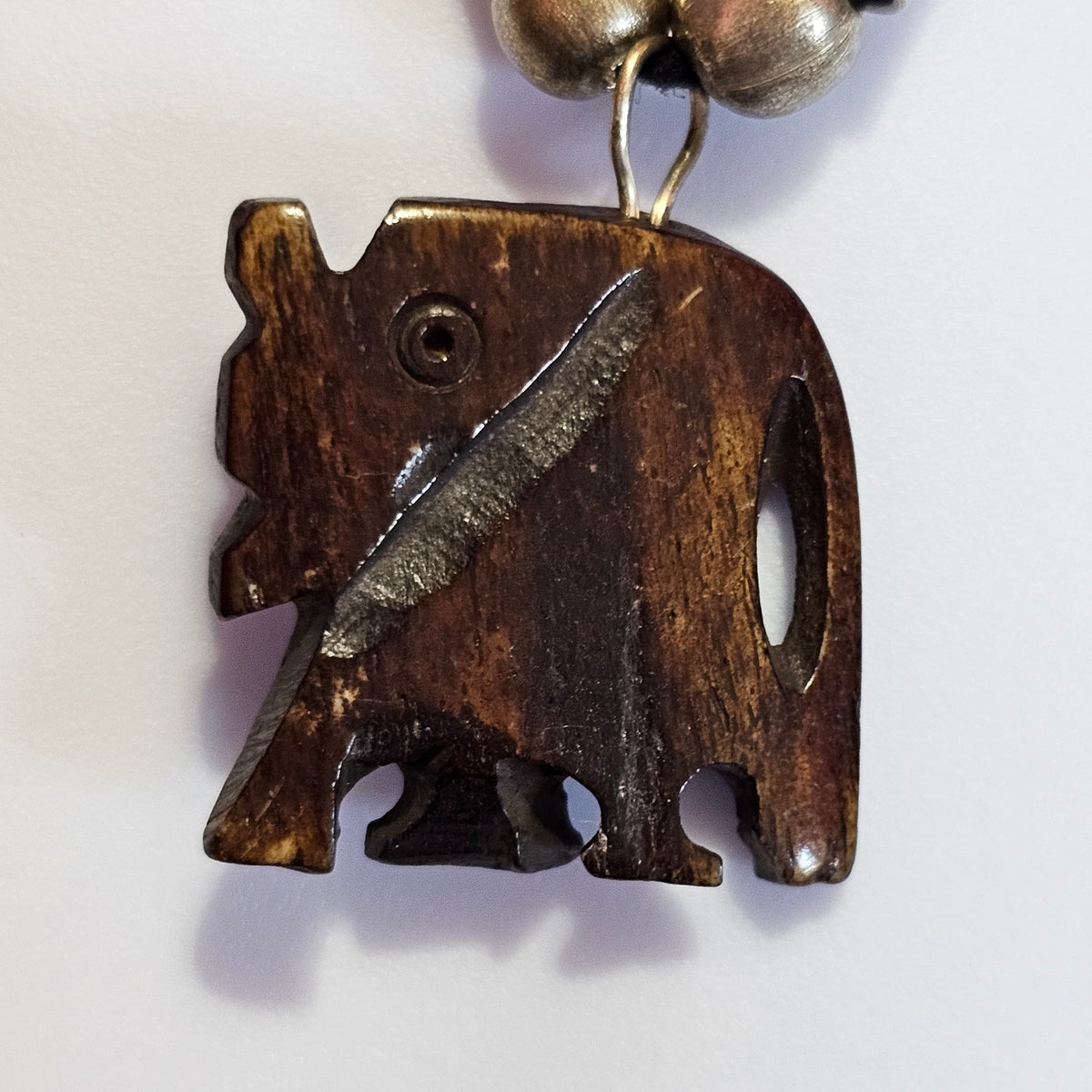 Carved Wood Bone Brown Beaded Elephant Bohemian Ethnic 90s Necklace Artisan