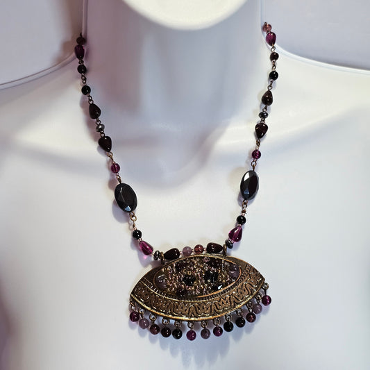 Purple Crystal Beaded Unique Statement Necklace Vintage 90s