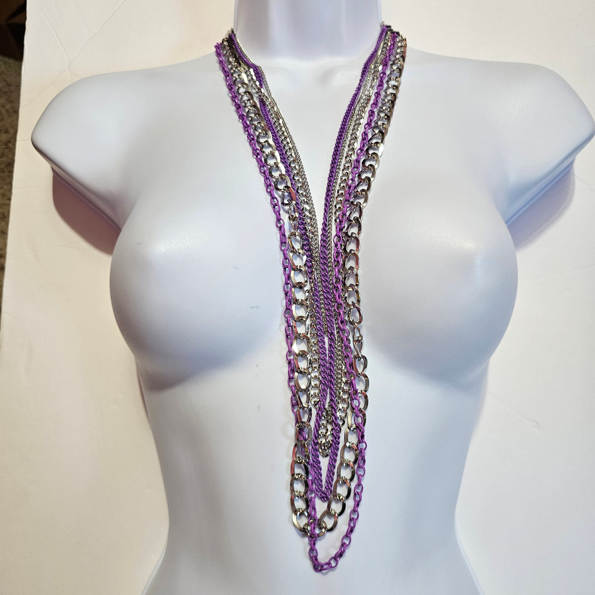 Set 3 Piece Necklace Earrings Bracelet Purple Silver-tone Multi-strand Chain 90s Vintage